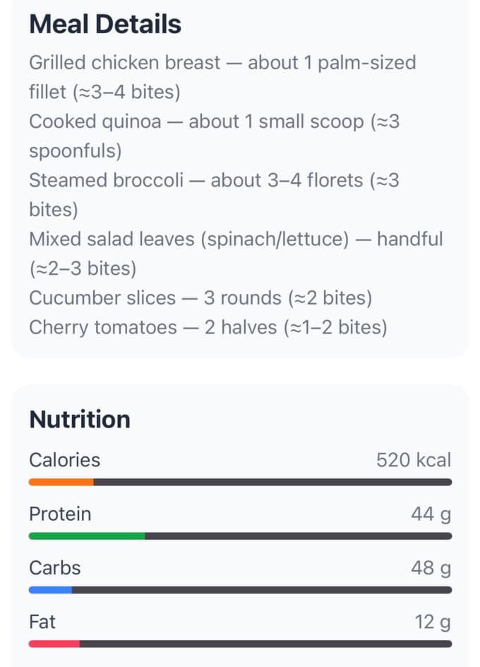Meal details for a grilled chicken burger with nutrition info