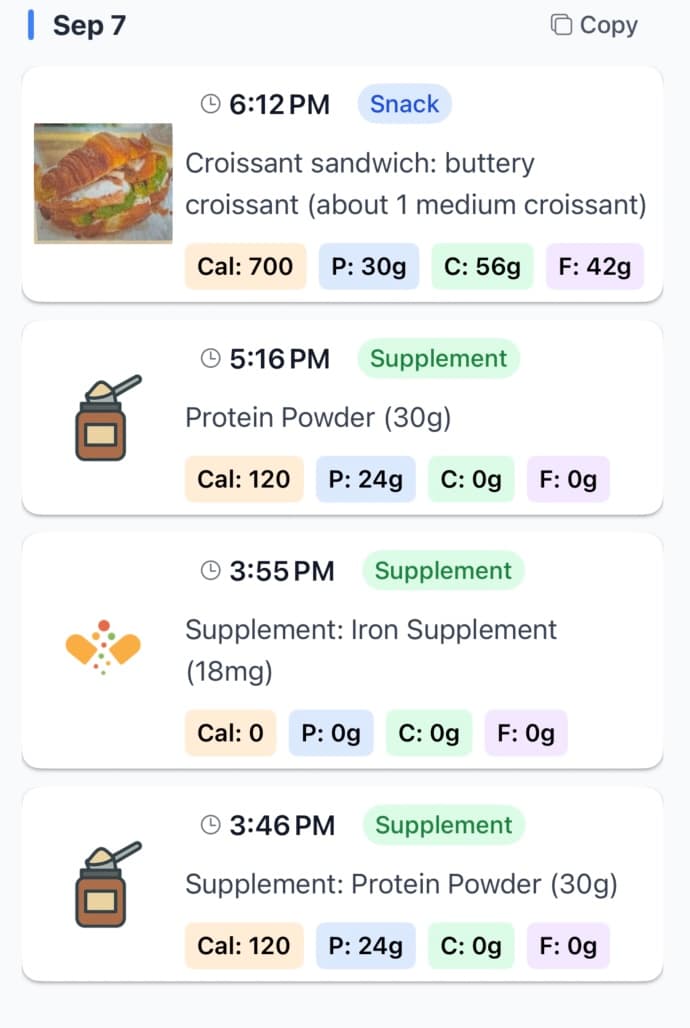 History showing past meals and nutrition tracking