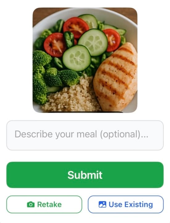 Upload screen offering to take or use a photo and describe the meal
